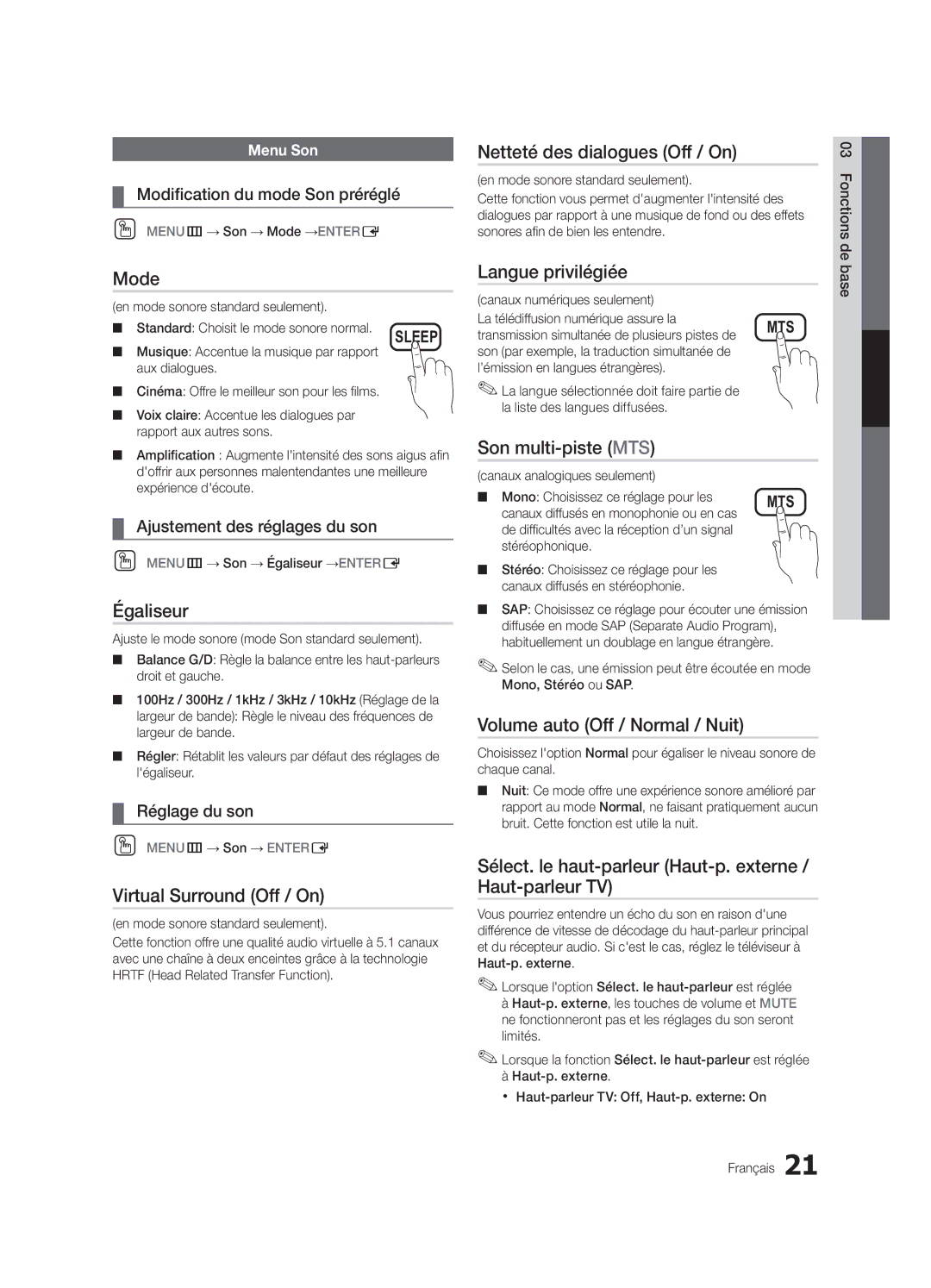 Samsung PC550-ZC, BN68-02580B-05 Égaliseur, Netteté des dialogues Off / On, Langue privilégiée, Son multi-piste MTS 