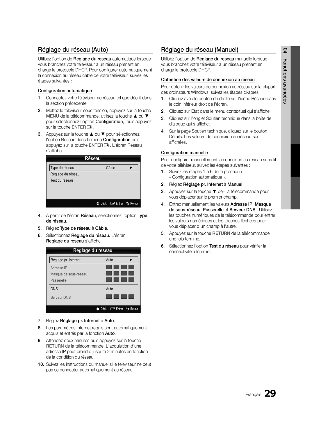 Samsung PC550-ZC, BN68-02580B-05 user manual Réglage du réseau Auto, Réglage du réseau Manuel, Réseau, Reglage du reseau 