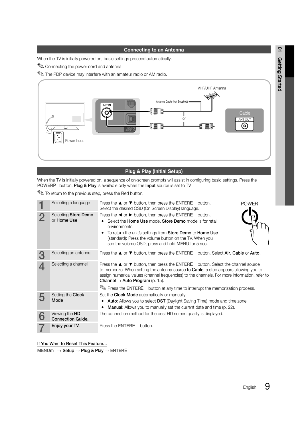 Samsung PC550-ZC Connecting to an Antenna, Plug & Play Initial Setup, Press the or button, then press the ENTEREbutton 