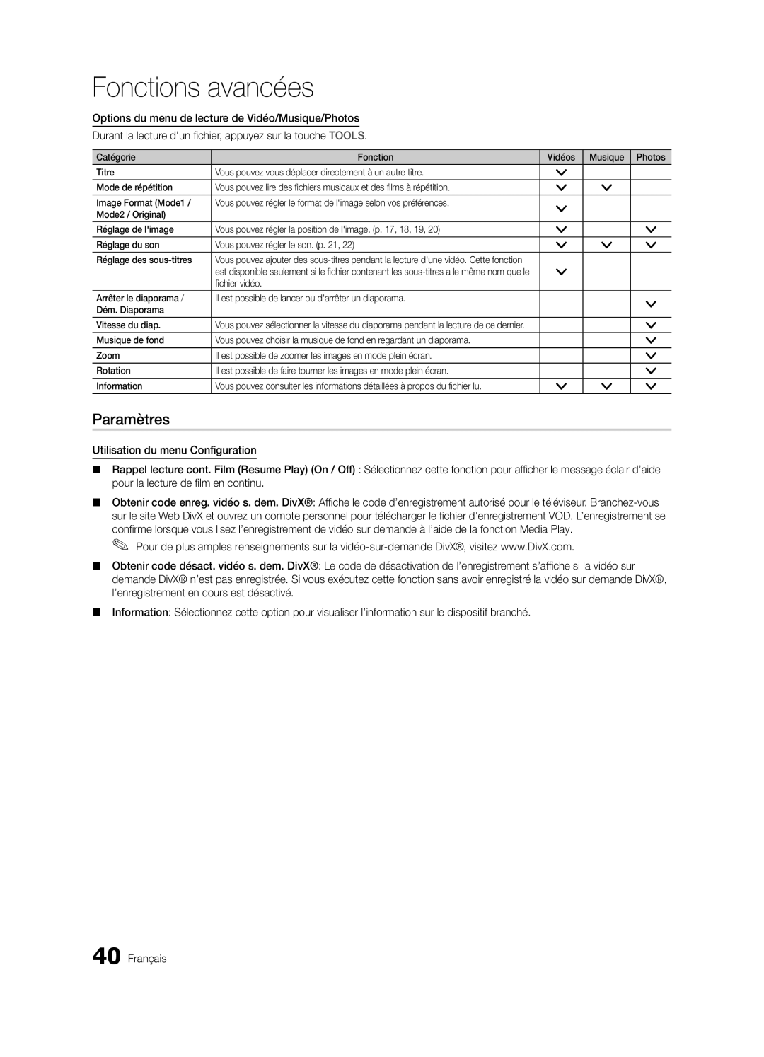 Samsung BN68-02580B-05, PC550-ZC Paramètres, Utilisation du menu Configuration, Pour la lecture de film en continu 