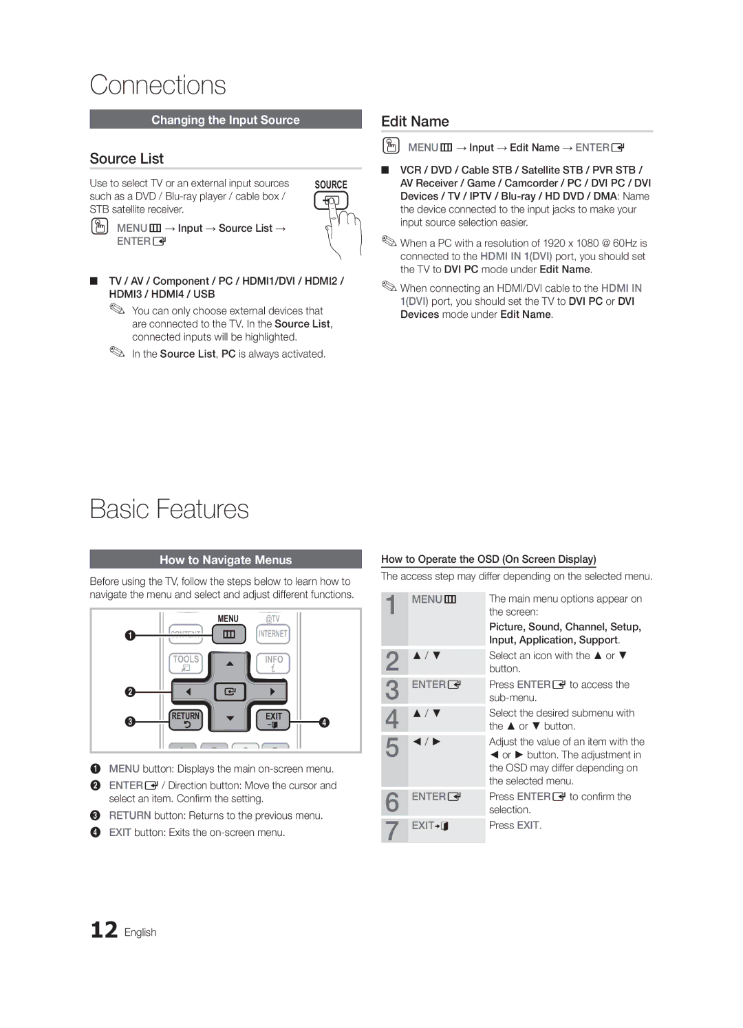 Samsung BN68-02581A-03, PN50C6400, PN50C6500 Source List, Edit Name, Changing the Input Source, How to Navigate Menus 