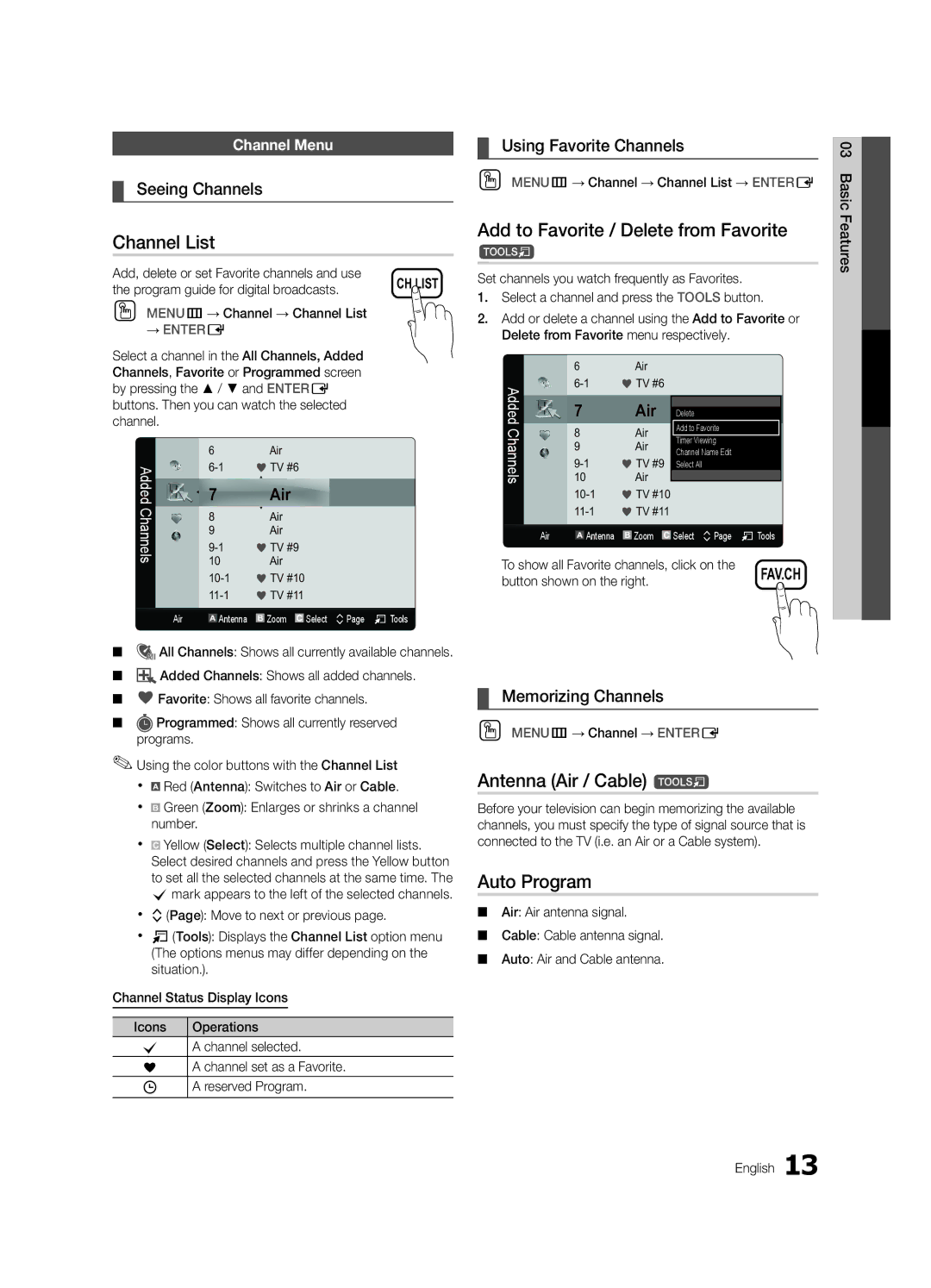 Samsung PN50C6400, PN50C6500 Channel List, Add to Favorite / Delete from Favorite, Antenna Air / Cable t, Auto Program 