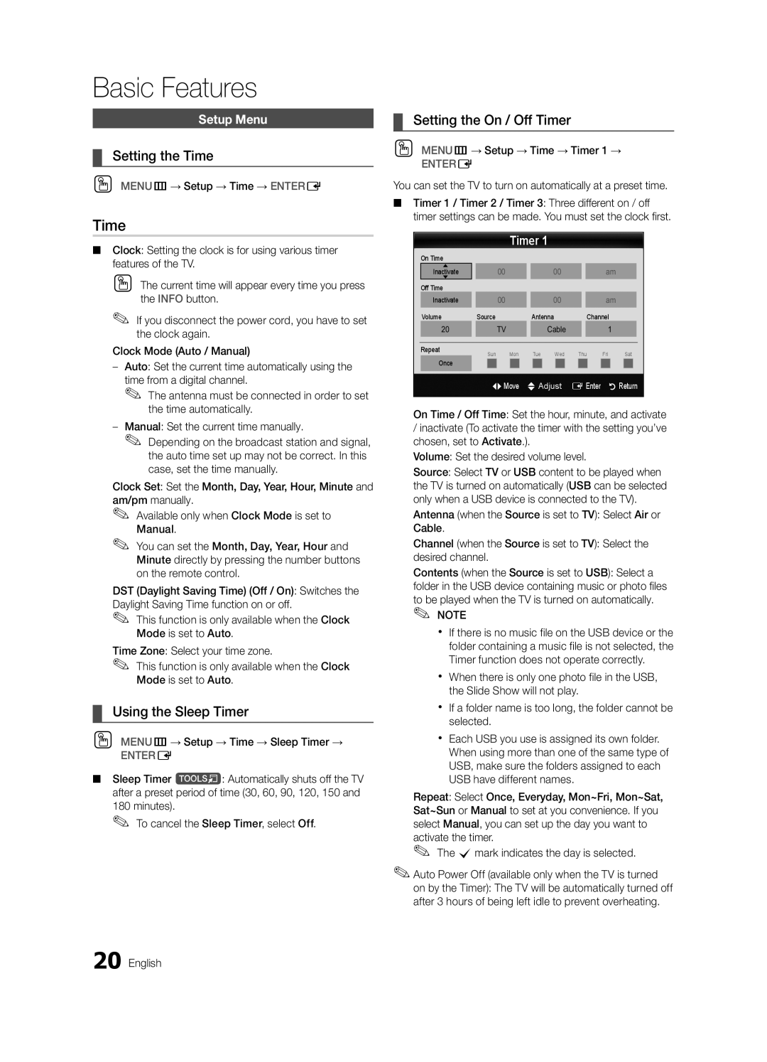 Samsung PN50C6500, BN68-02581A-03, PN50C6400 Setting the Time, Using the Sleep Timer, Setting the On / Off Timer 