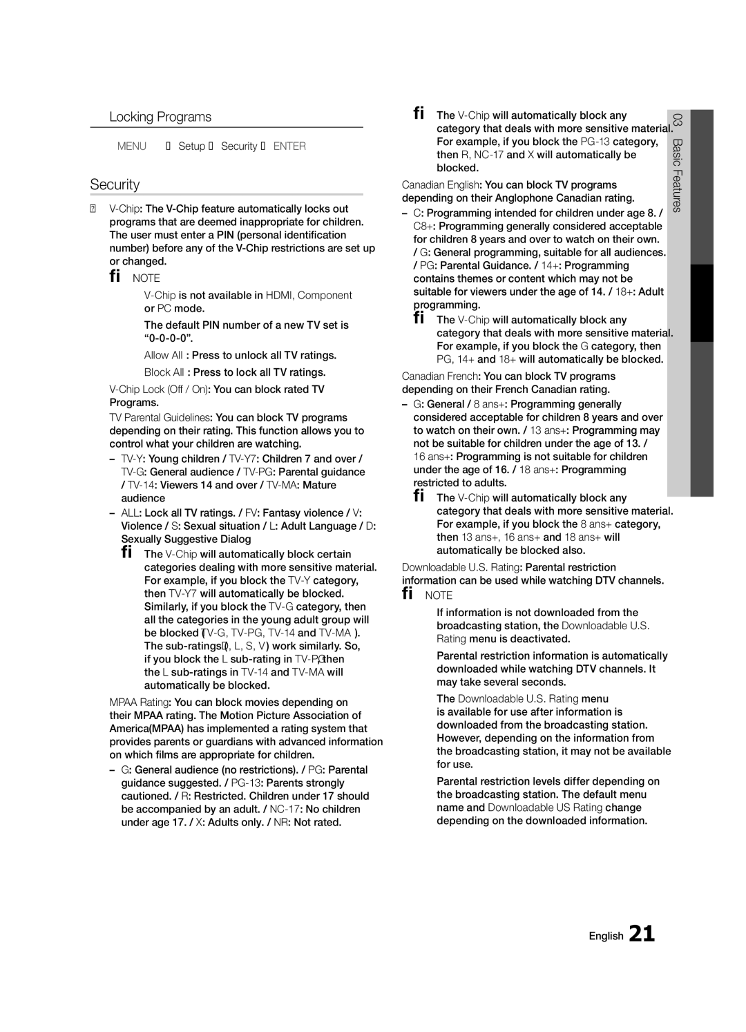 Samsung PN58C6500, BN68-02581A-03, PN50C6400, PN50C6500, PN58C6400, Series P6+ user manual Security, Locking Programs 