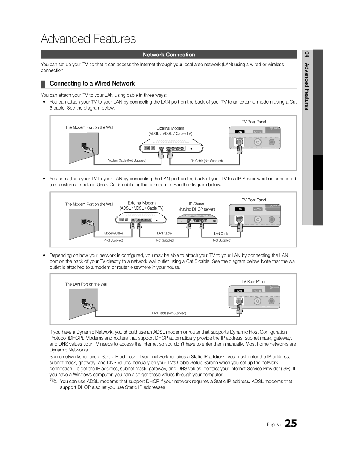 Samsung PN50C6400 Connecting to a Wired Network, Network Connection, Modem Port on the Wall, LAN Port on the Wall 