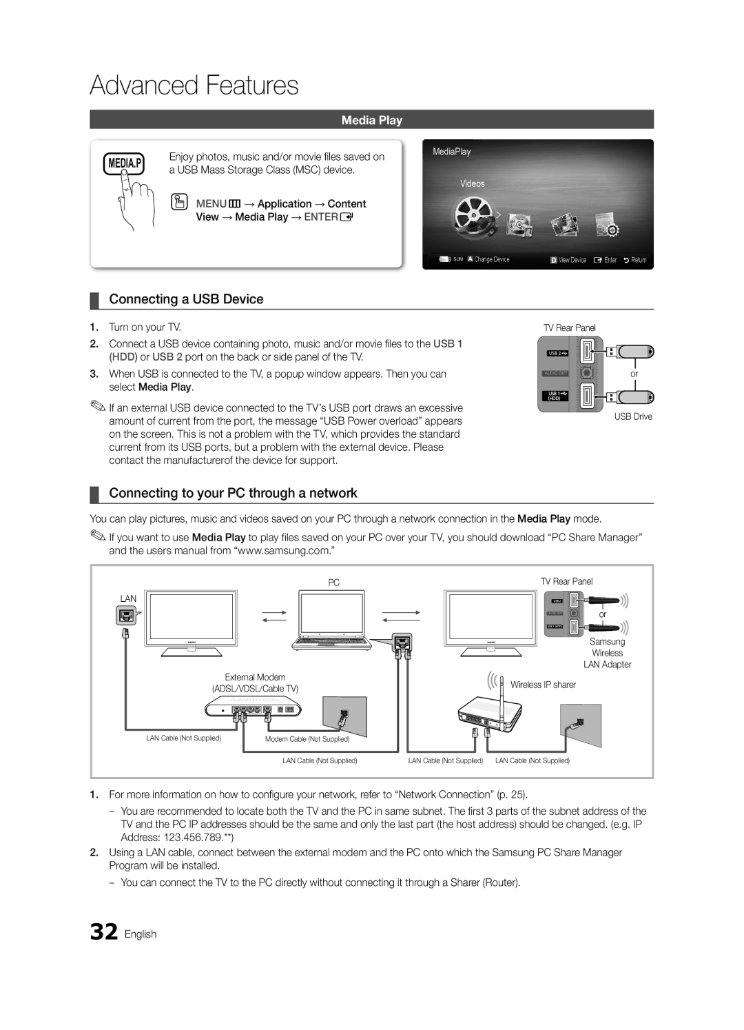 Samsung PN50C6500, BN68-02581A-03, PN50C6400 Connecting a USB Device, Connecting to your PC through a network, Media Play 