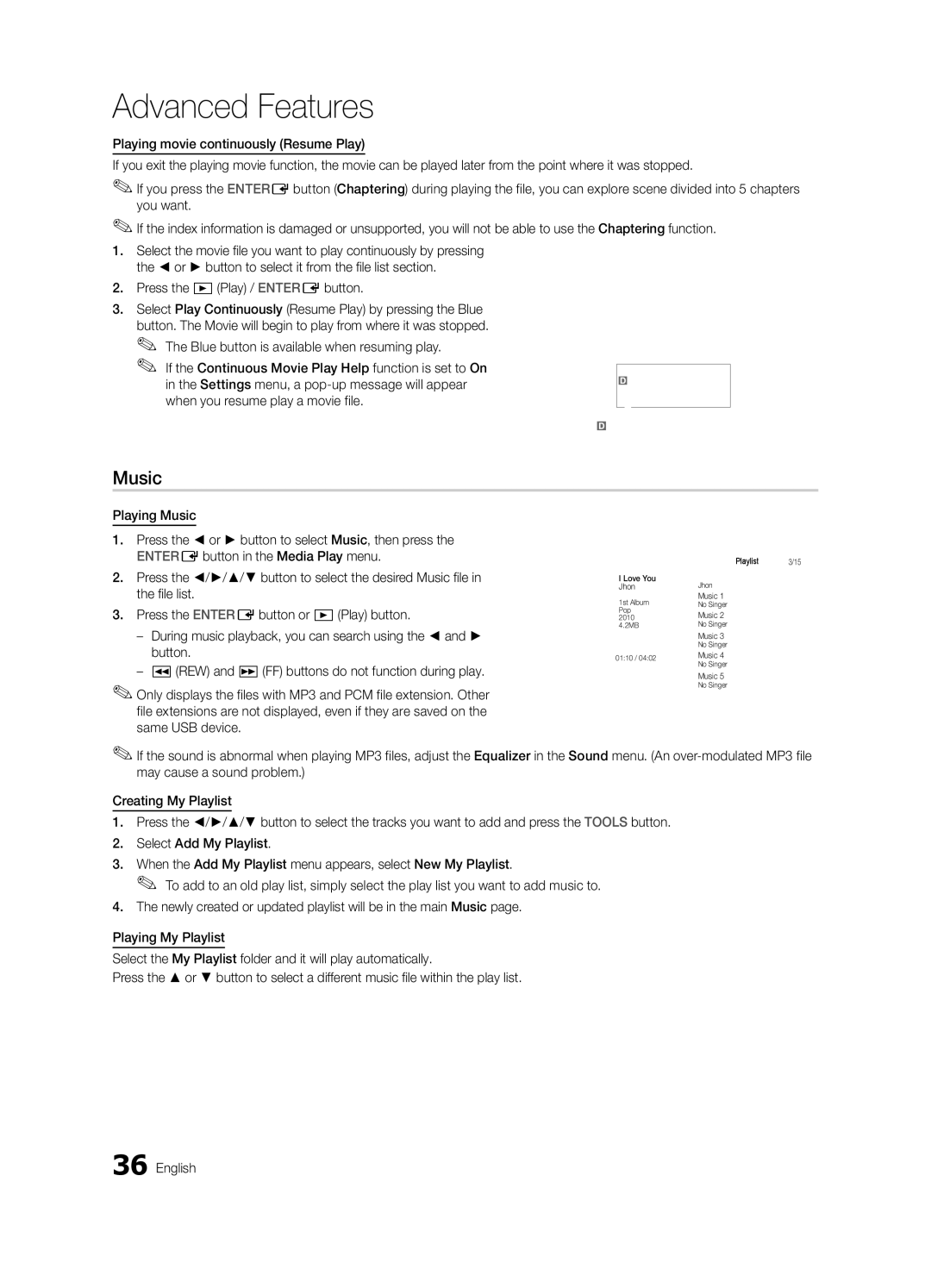 Samsung BN68-02581A-03, PN50C6400, PN50C6500, PN58C6500, PN58C6400, Series P6+ user manual Music 