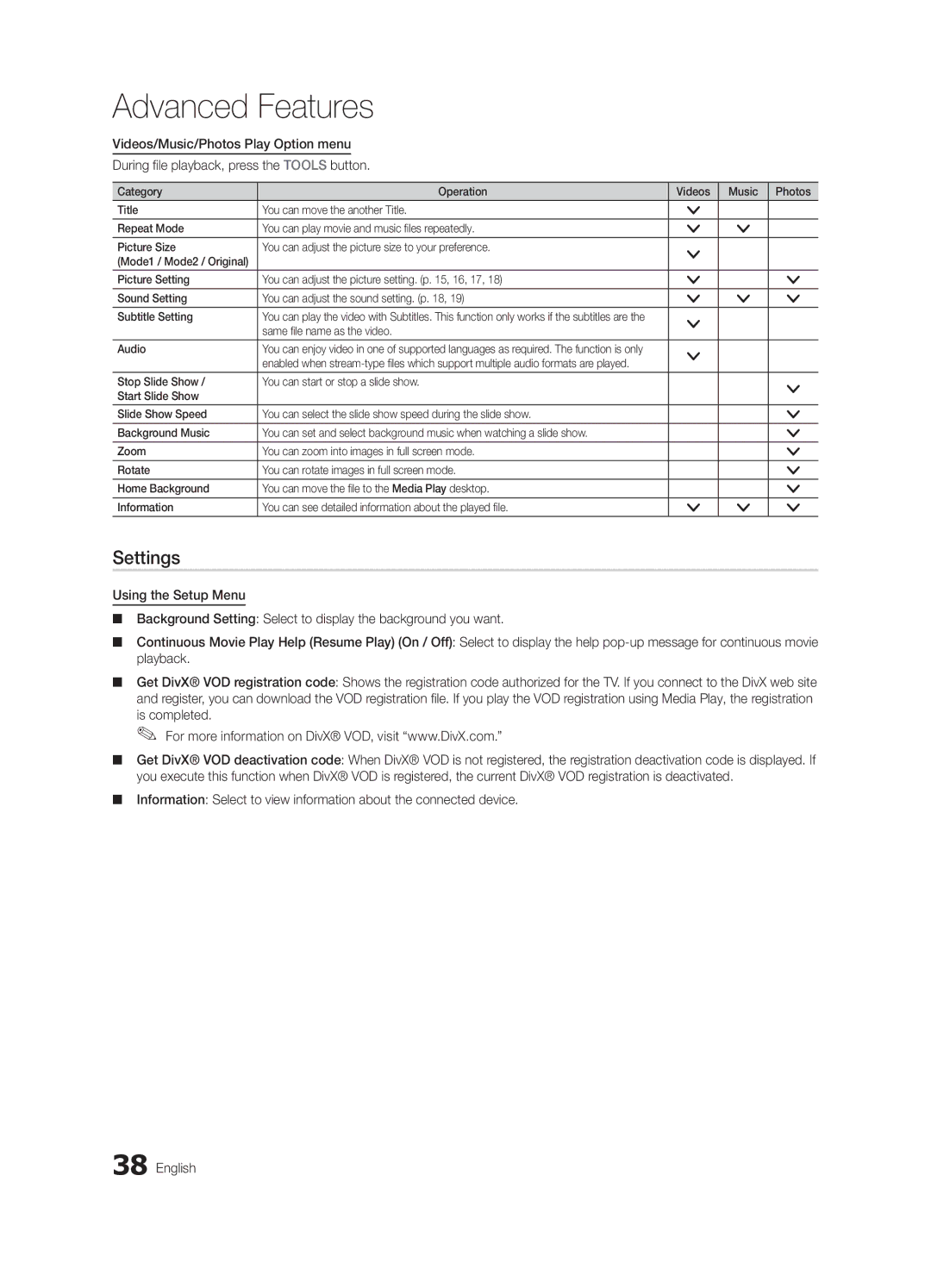 Samsung PN50C6500, BN68-02581A-03, PN50C6400, PN58C6500, PN58C6400, Series P6+ Settings, Same file name as the video Audio 