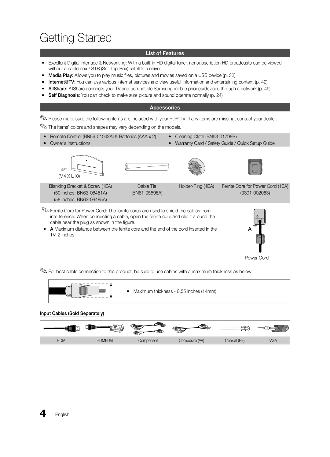 Samsung PN58C6400, BN68-02581A-03, PN50C6400, PN50C6500, PN58C6500, Series P6+ user manual List of Features, Accessories 