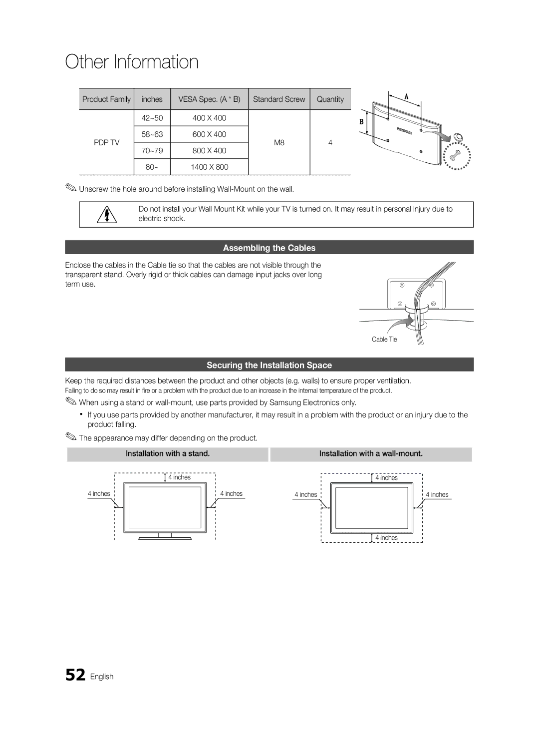 Samsung PN58C6400, BN68-02581A-03 Assembling the Cables, Securing the Installation Space, Product Family Inches, Quantity 