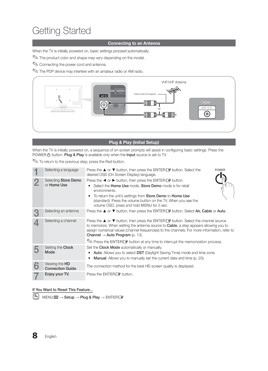 Samsung PN50C6500, BN68-02581A-03, PN50C6400, PN58C6500 Connecting to an Antenna, Plug & Play Initial Setup, VHF/UHF Antenna 