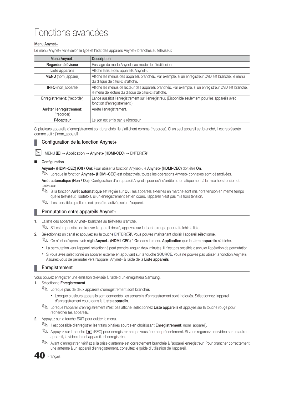 Samsung BN68-02581B-04 Configuration de la fonction Anynet+, Permutation entre appareils Anynet+, Enregistrement 