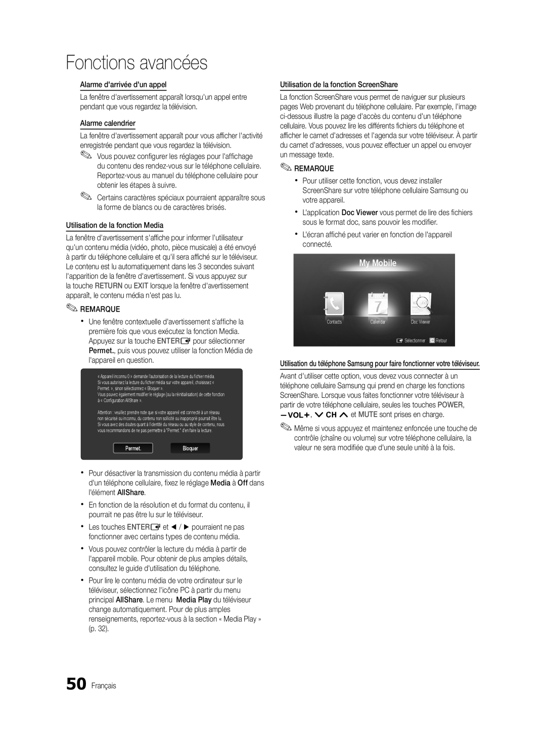 Samsung BN68-02581B-04, PC6500-ZC user manual Alarme darrivée dun appel, Alarme calendrier, Utilisation de la fonction Media 