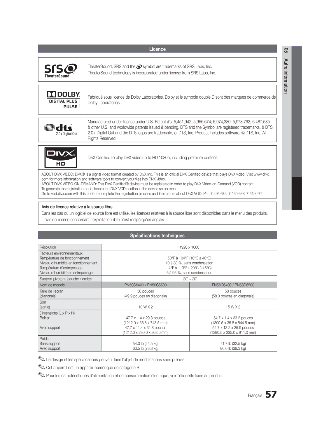 Samsung PC6500-ZC, BN68-02581B-04 user manual Licence, Spécifications techniques 