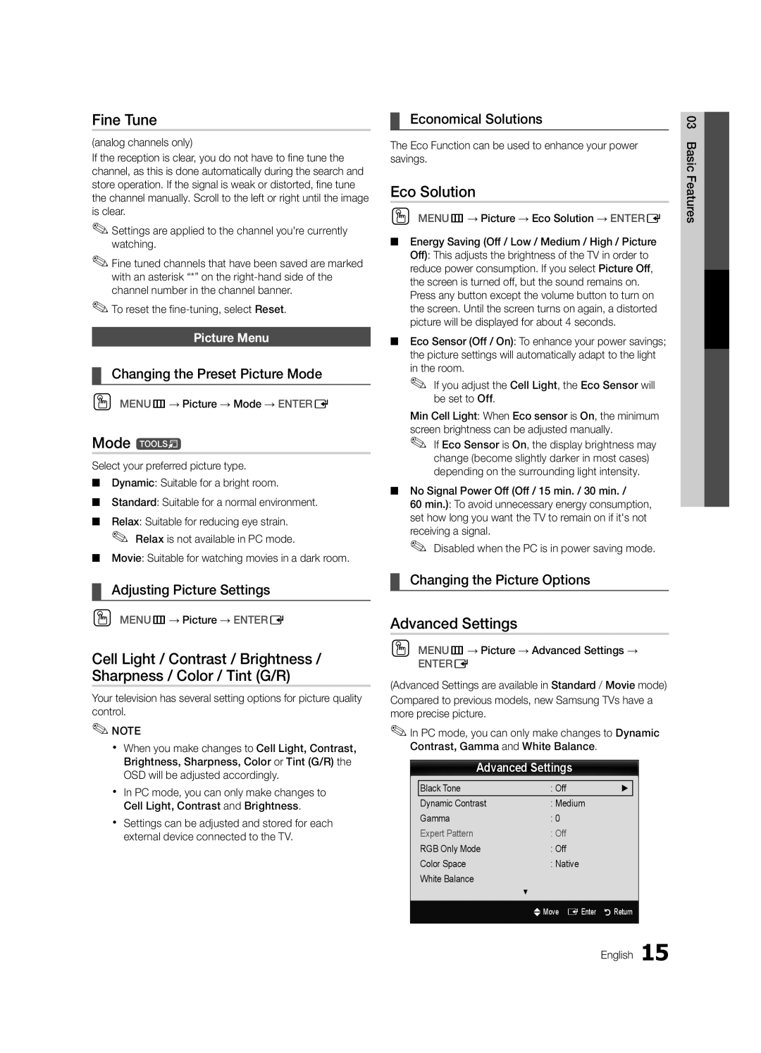 Samsung PC6500-ZC, BN68-02581B-04 user manual Fine Tune, Mode t, Eco Solution, Advanced Settings 