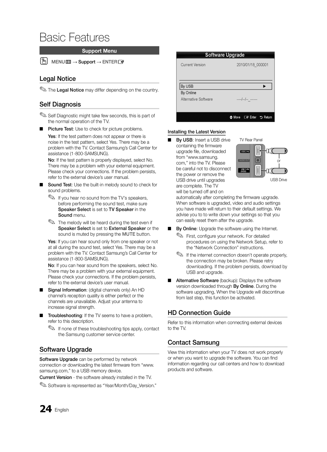 Samsung BN68-02581B-04, PC6500-ZC Legal Notice, Self Diagnosis, Software Upgrade, HD Connection Guide, Contact Samsung 