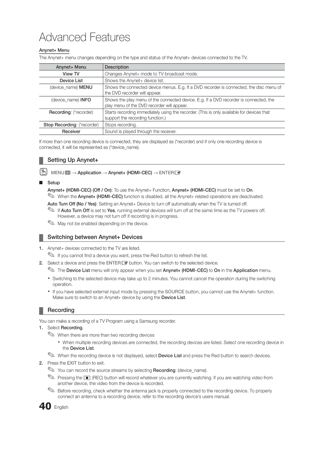 Samsung BN68-02581B-04, PC6500-ZC user manual Setting Up Anynet+, Switching between Anynet+ Devices, Recording 