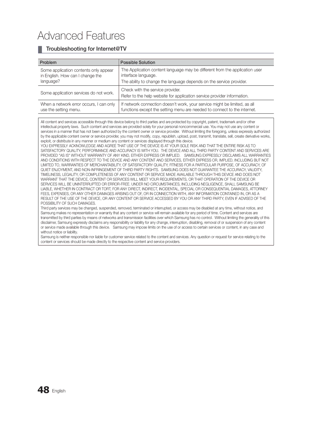 Samsung BN68-02581B-04 Troubleshooting for Internet@TV, Problem Possible Solution, Check with the service provider 