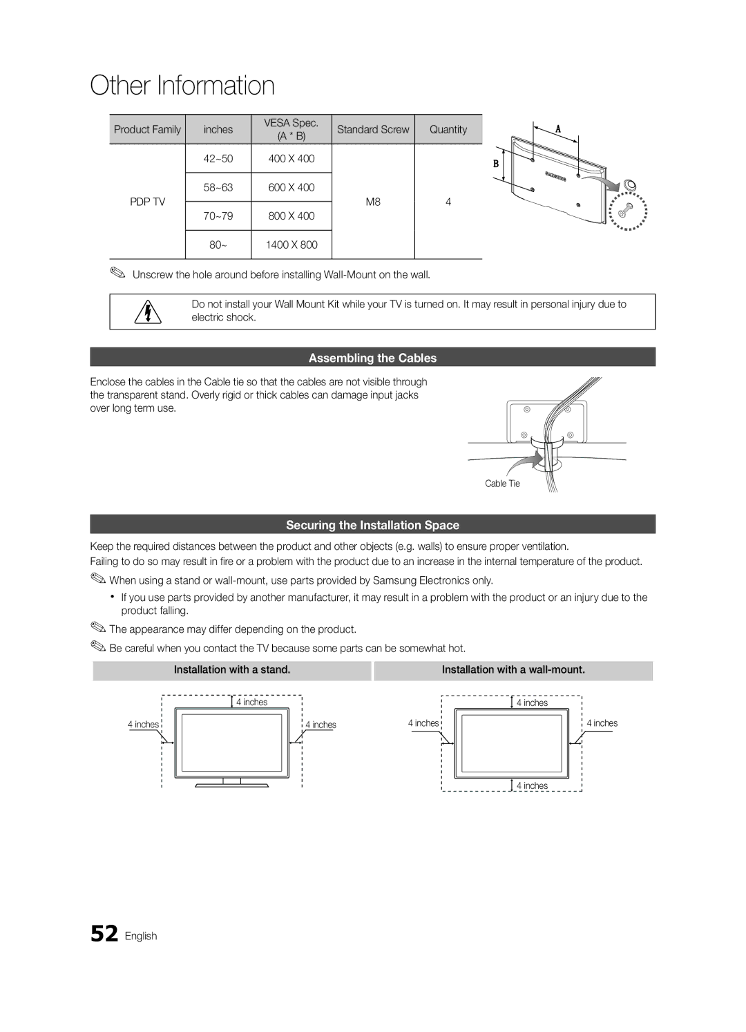 Samsung BN68-02581B-04, PC6500-ZC Assembling the Cables, Securing the Installation Space, Inches Vesa Spec, Quantity 