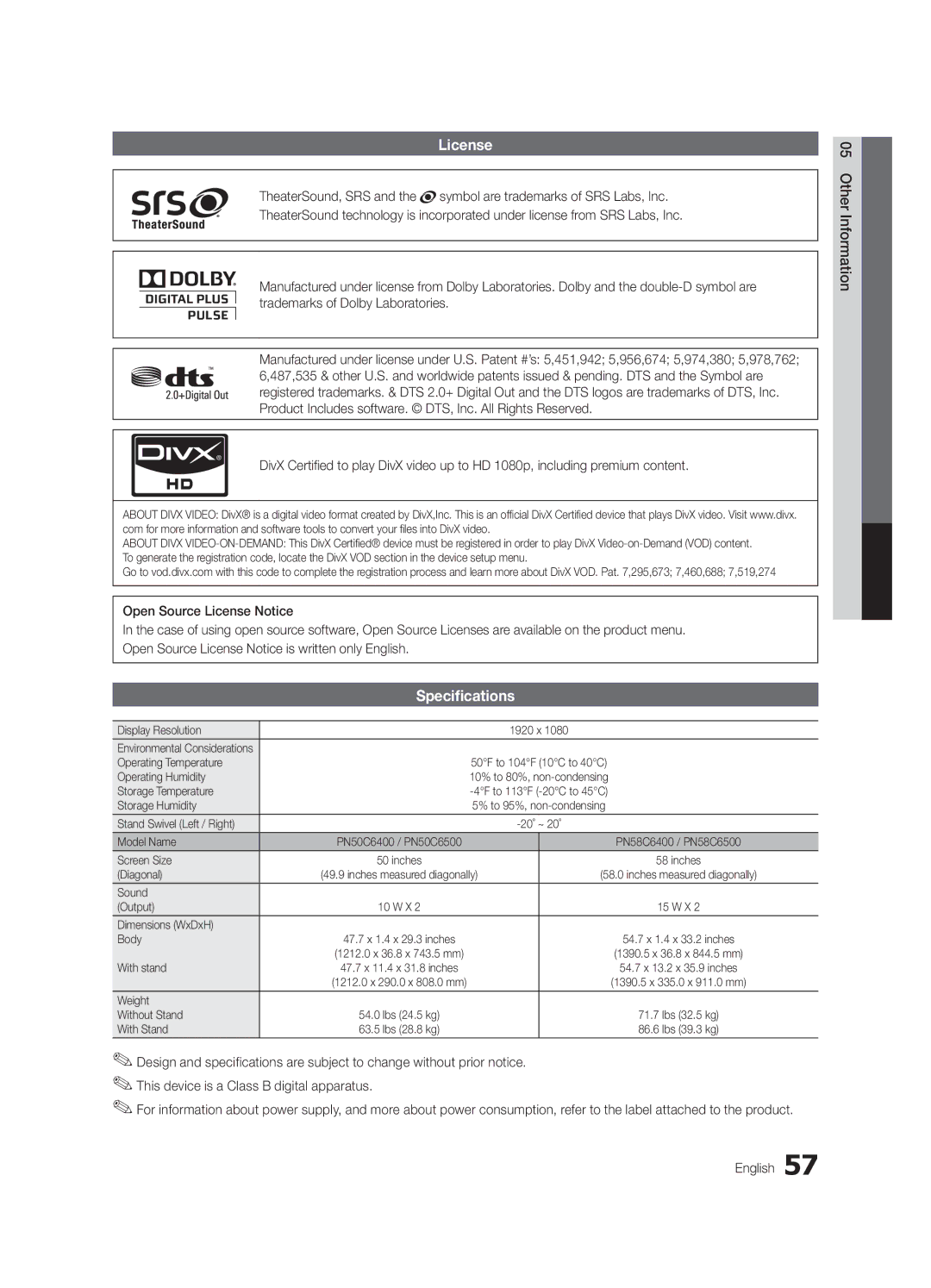 Samsung PC6500-ZC, BN68-02581B-04 user manual License, Specifications, English Other Information 