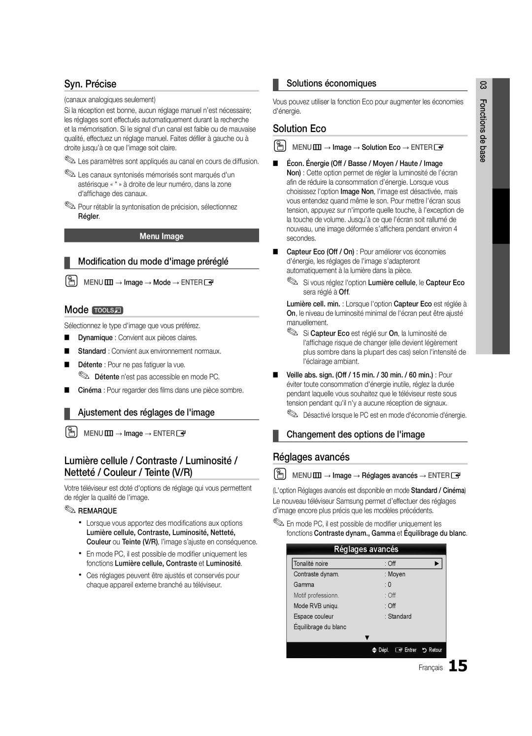 Samsung PC6500-ZC, BN68-02581B-04 user manual Syn. Précise, Solution Eco, Réglages avancés 