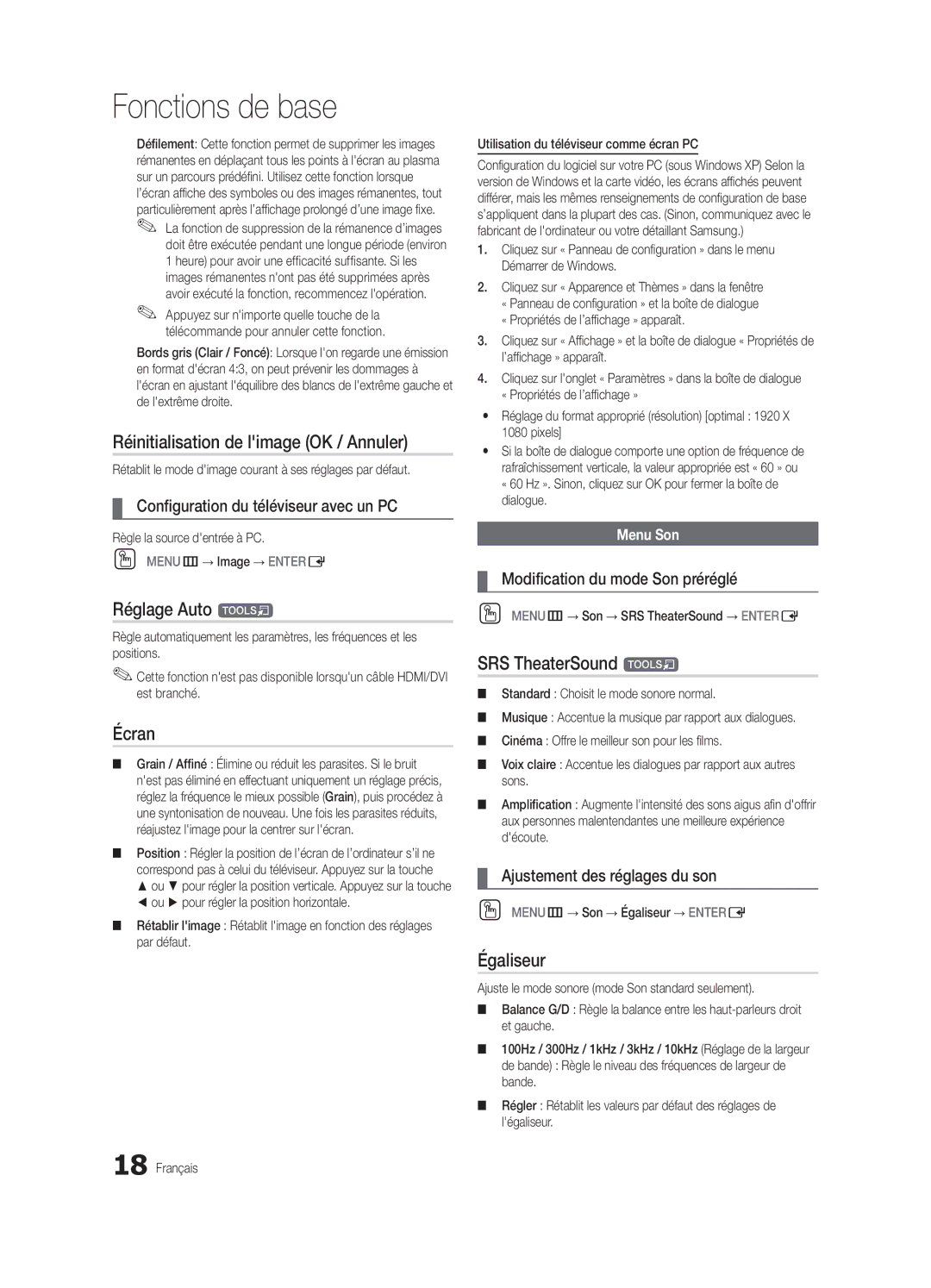 Samsung BN68-02581B-04, PC6500-ZC user manual Réinitialisation de limage OK / Annuler, Réglage Auto t, Écran, Égaliseur 