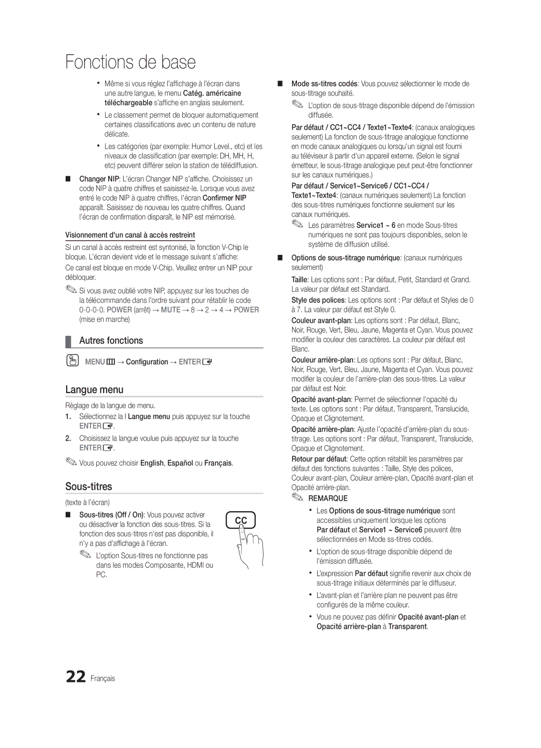 Samsung BN68-02581B-04, PC6500-ZC user manual Langue menu, Sous-titres 