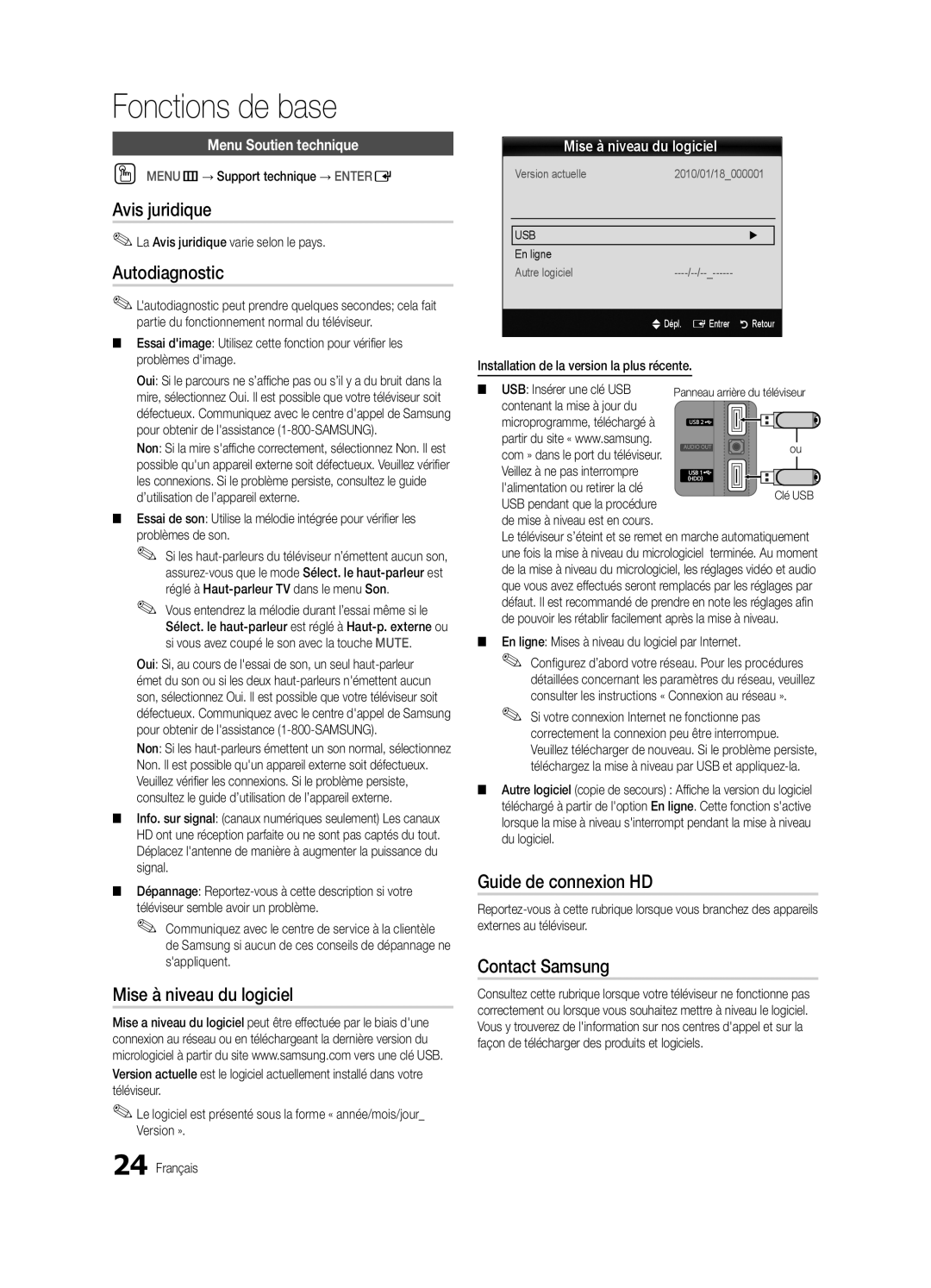 Samsung BN68-02581B-04, PC6500-ZC Avis juridique, Autodiagnostic, Mise à niveau du logiciel, Guide de connexion HD 