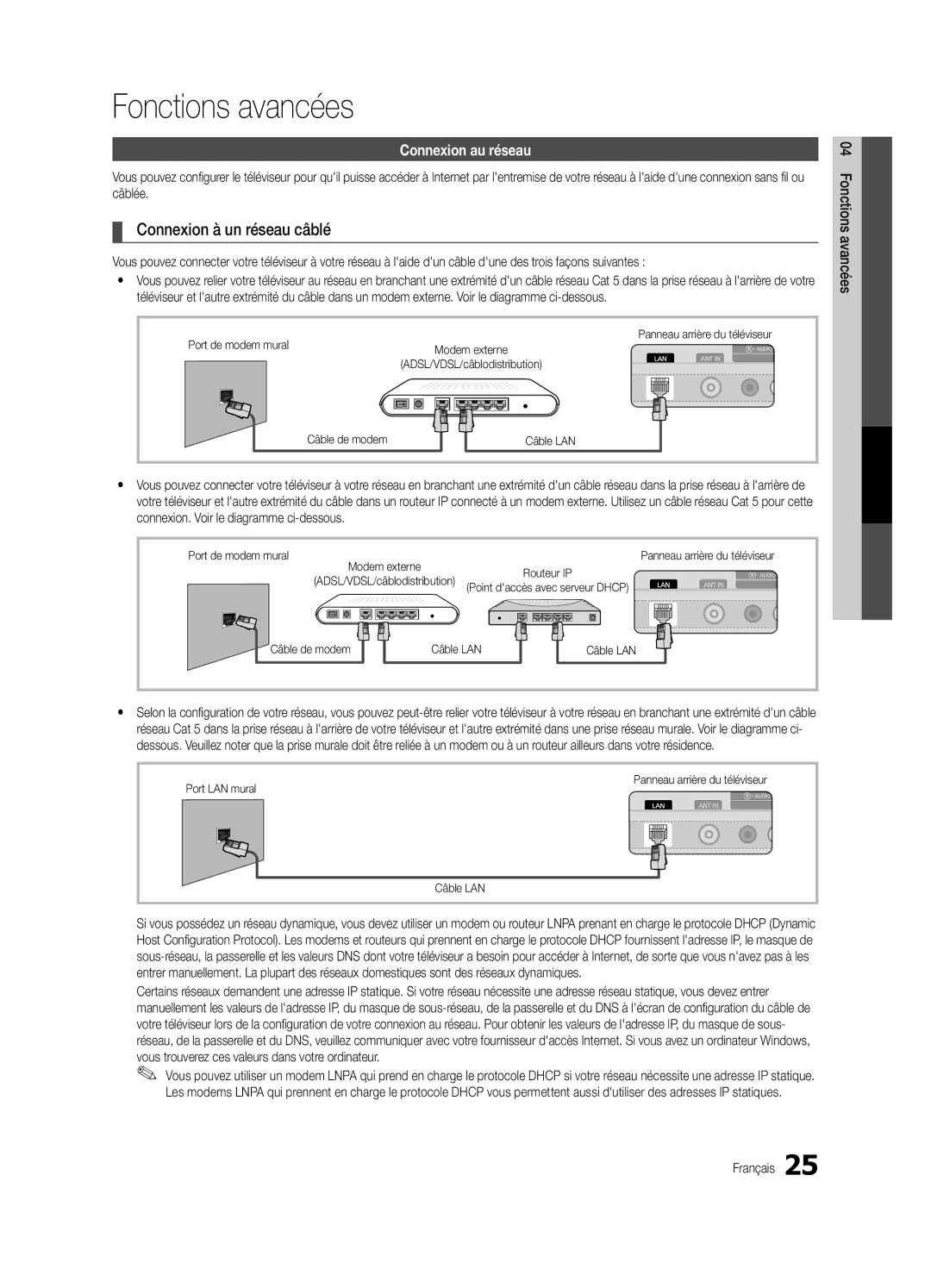 Samsung PC6500-ZC Fonctions avancées, Connexion à un réseau câblé, Connexion au réseau, Câble de modem Câble LAN 