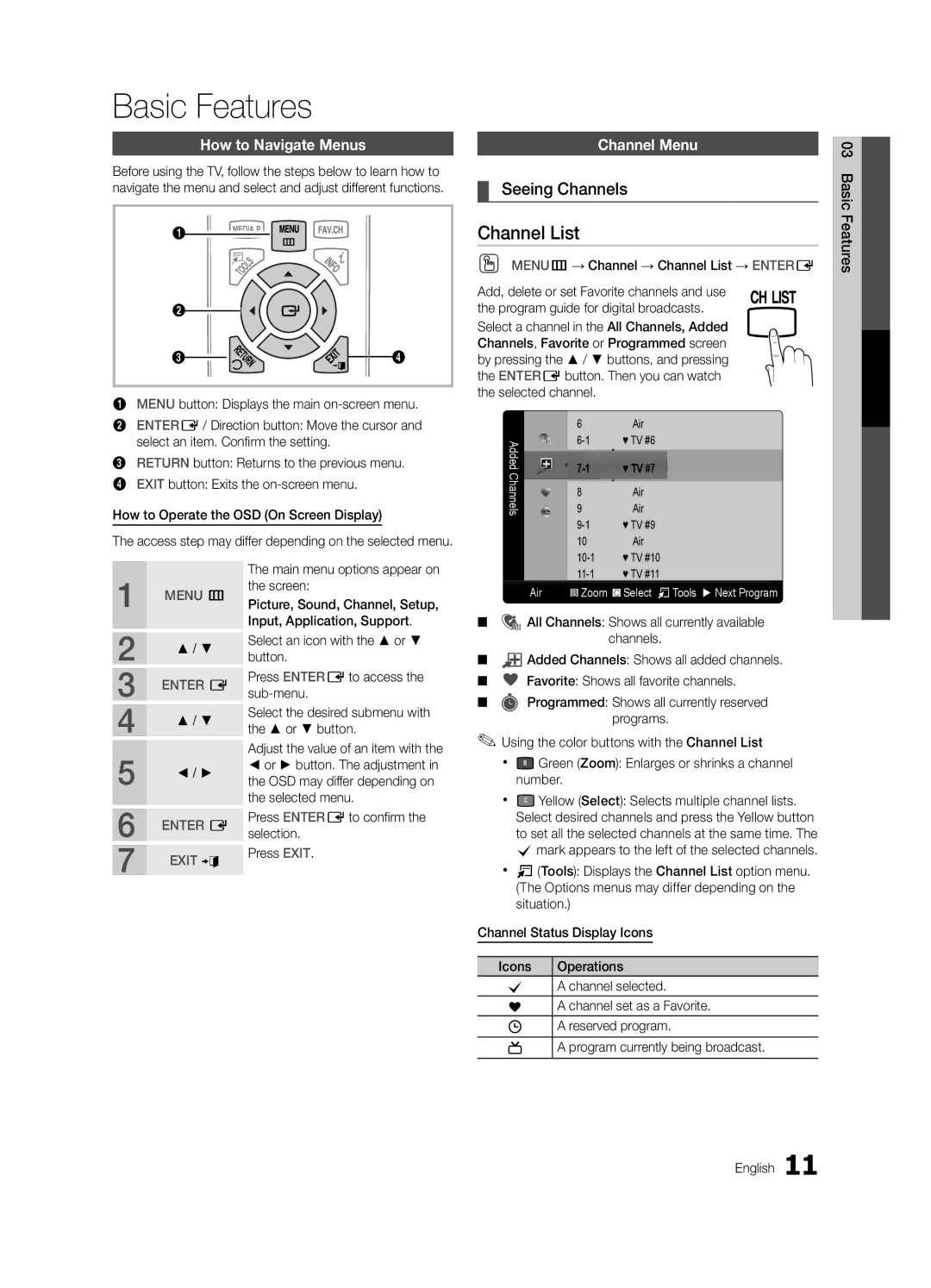 Samsung LC350-ZC, BN68-02582B-05 Basic Features, Channel List, Seeing Channels, How to Navigate Menus, Channel Menu 