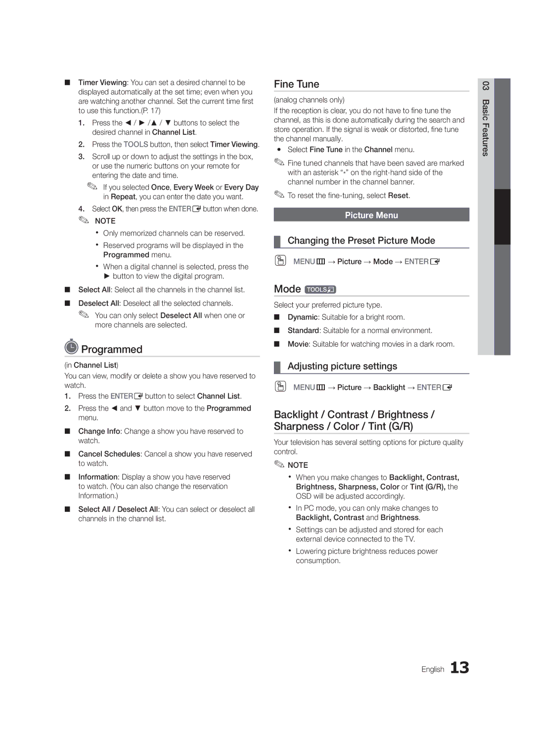 Samsung LC350-ZC user manual Programmed, Fine Tune, Mode t, Changing the Preset Picture Mode, Adjusting picture settings 