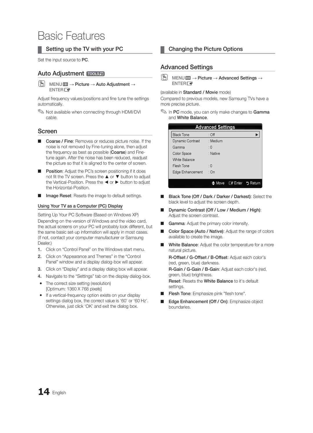 Samsung BN68-02582B-05, LC350-ZC user manual Auto Adjustment t, Screen, Advanced Settings, Setting up the TV with your PC 