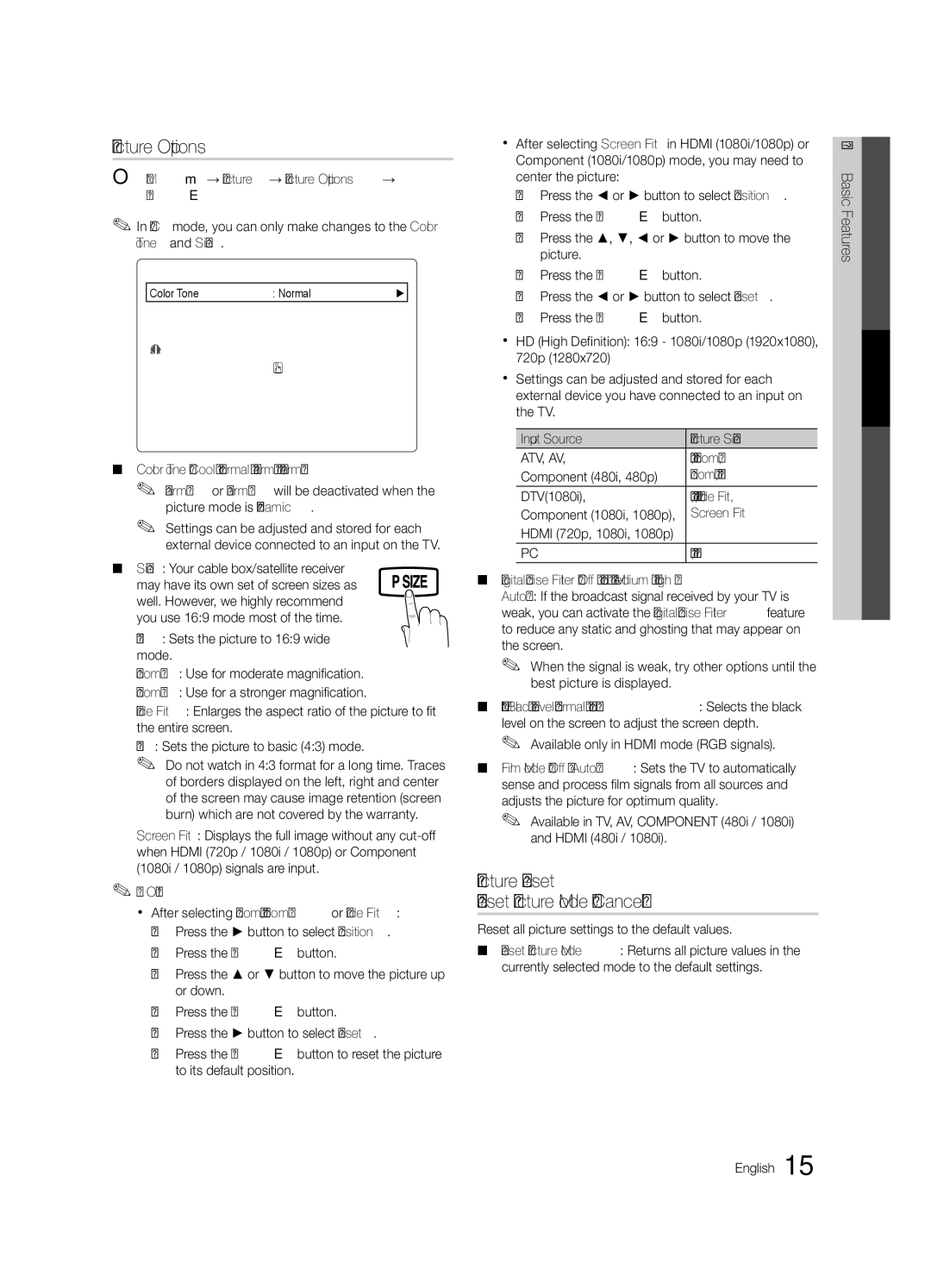 Samsung LC350-ZC, BN68-02582B-05 user manual Picture Options, Picture Reset Reset Picture Mode /Cancel 