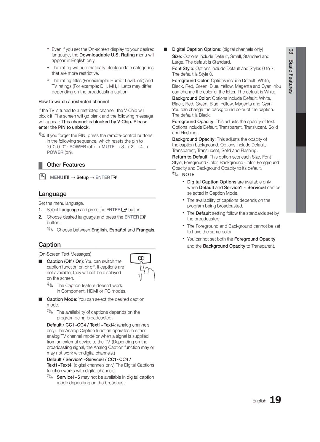 Samsung LC350-ZC, BN68-02582B-05 user manual Language, Caption 