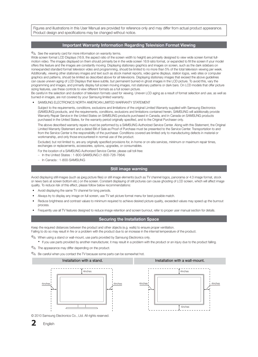 Samsung BN68-02582B-05, LC350-ZC Still image warning, Securing the Installation Space, Installation with a stand, English 