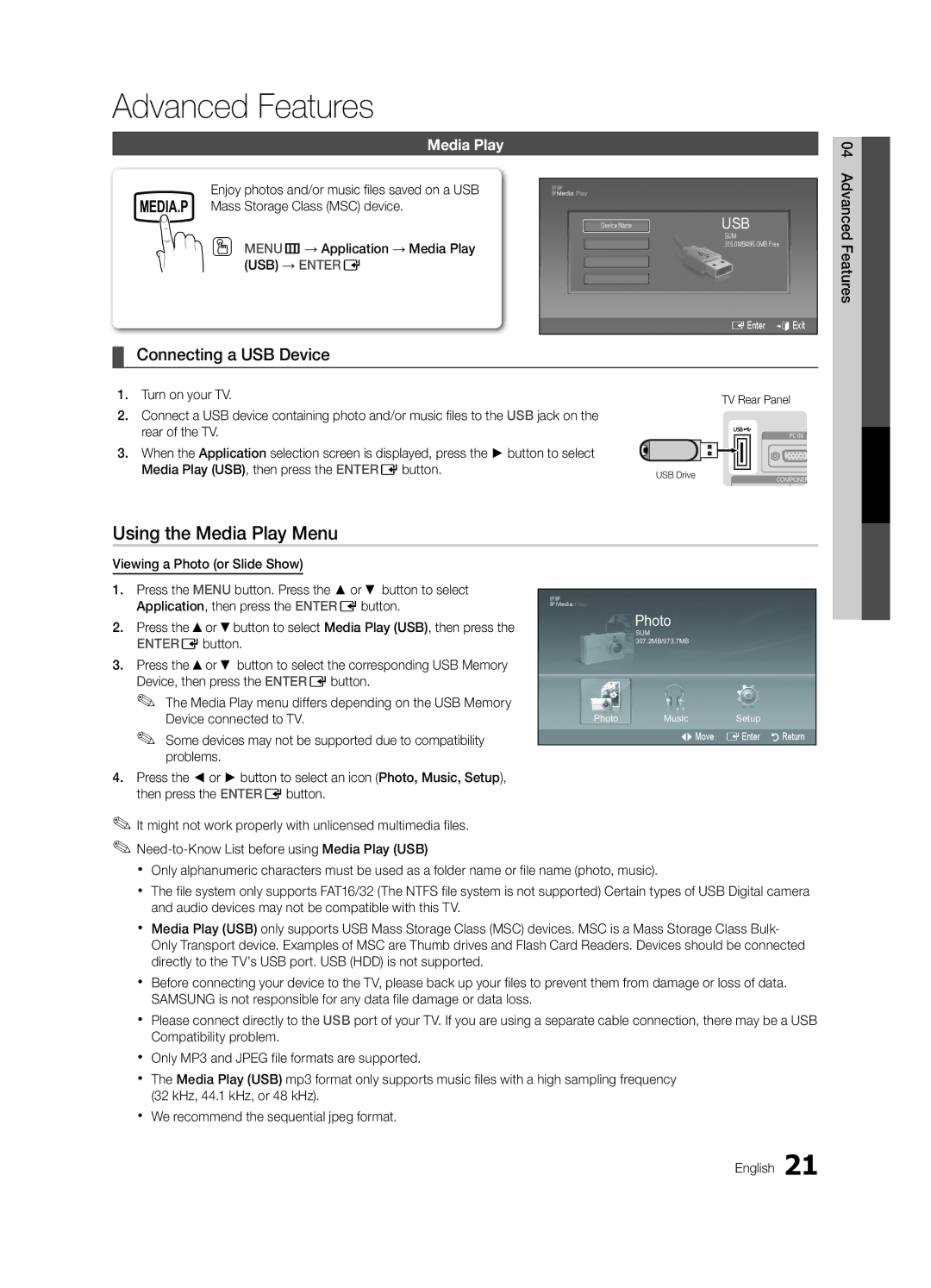 Samsung LC350-ZC, BN68-02582B-05 user manual Advanced Features, Using the Media Play Menu, Connecting a USB Device 