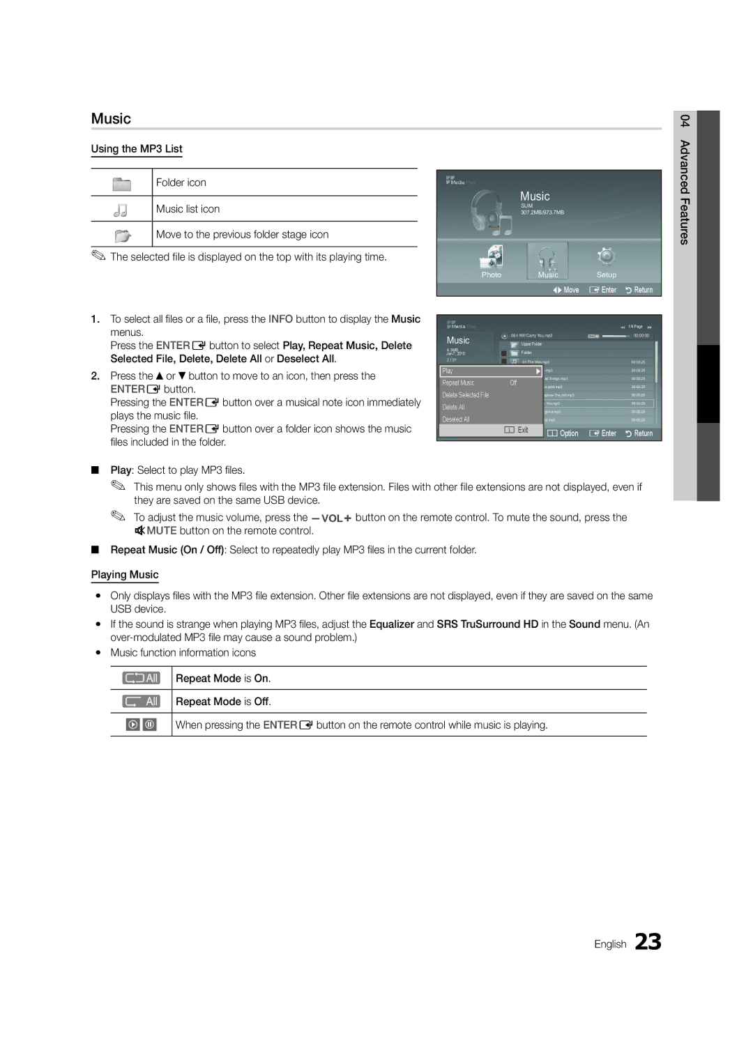 Samsung LC350-ZC, BN68-02582B-05 user manual Music, Advanced Features 