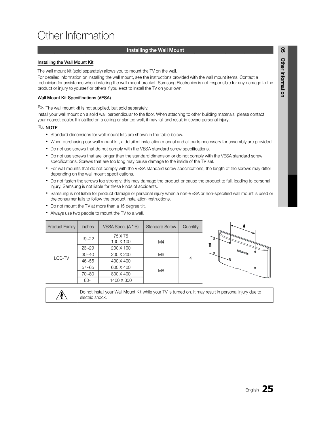 Samsung LC350-ZC, BN68-02582B-05 Other Information, Installing the Wall Mount, Product Family Inches, Quantity, 80~ 