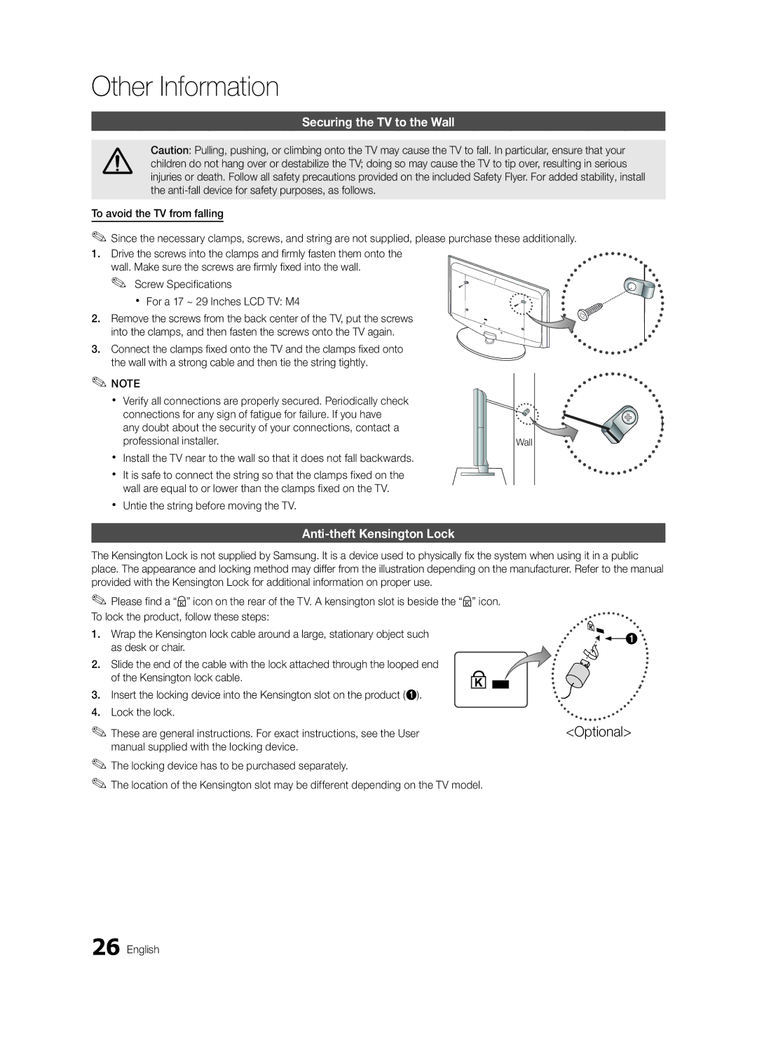 Samsung BN68-02582B-05 Securing the TV to the Wall, Anti-theft Kensington Lock, Xx Untie the string before moving the TV 