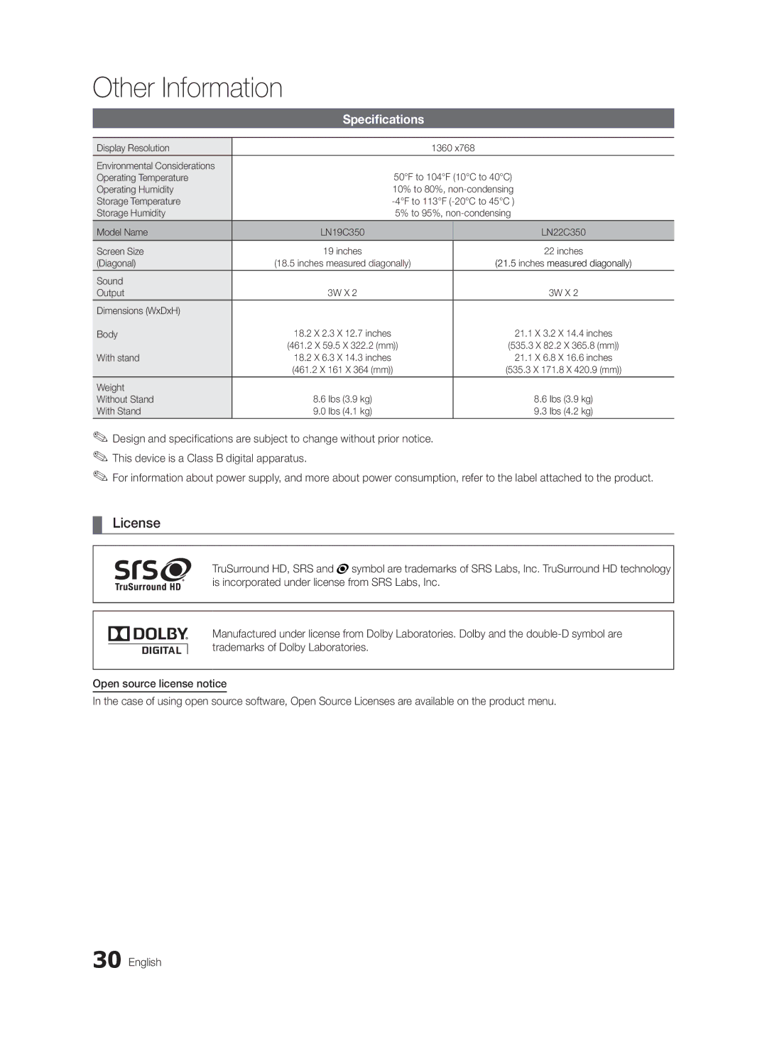 Samsung BN68-02582B-05, LC350-ZC user manual License, Specifications 