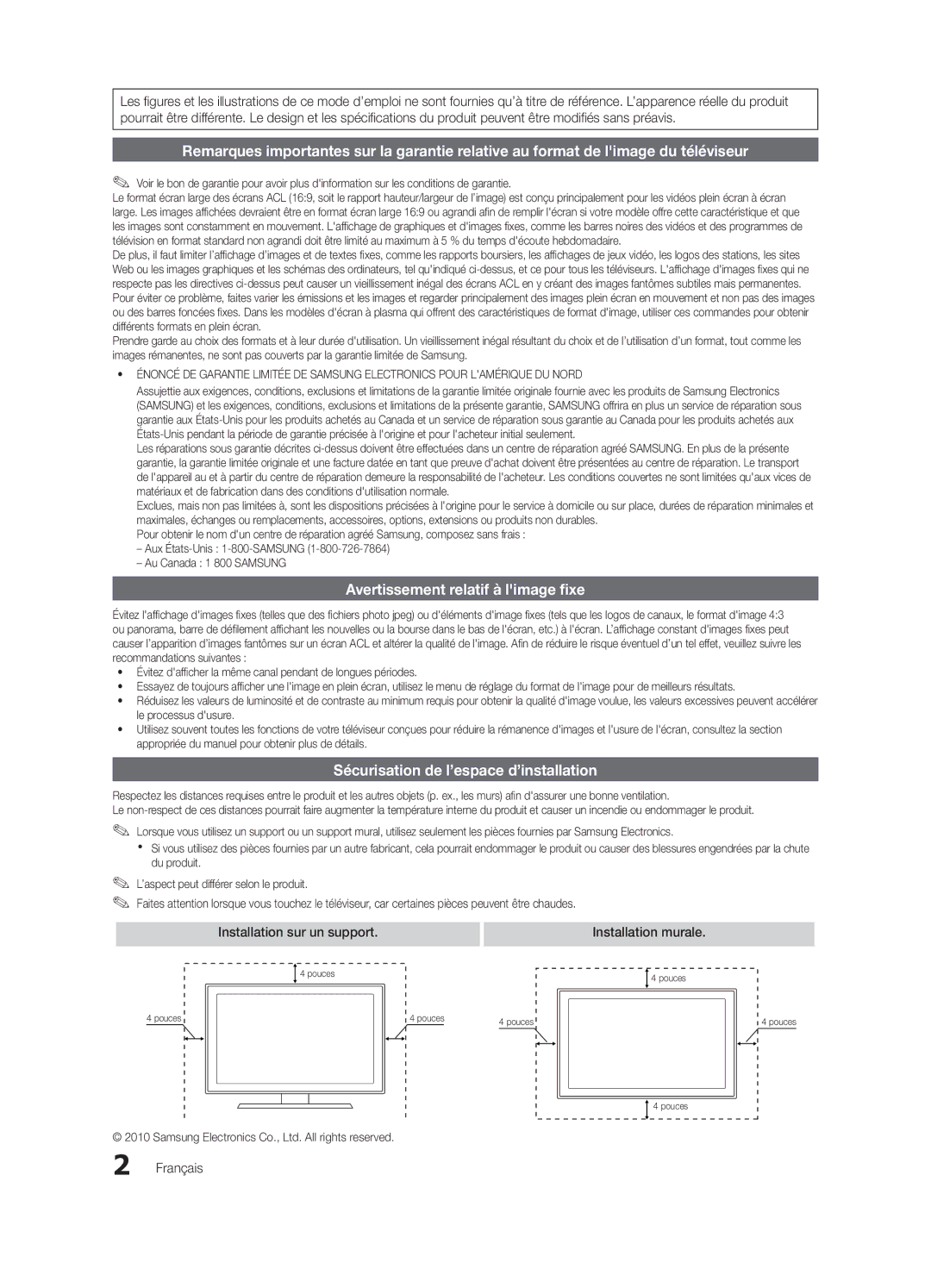 Samsung BN68-02582B-05 Avertissement relatif à limage fixe, Sécurisation de l’espace d’installation, Installation murale 