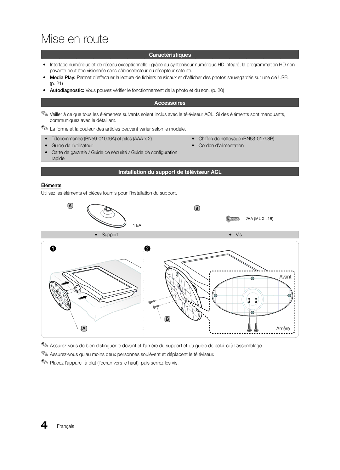 Samsung BN68-02582B-05, LC350-ZC Mise en route, Caractéristiques, Accessoires, Installation du support de téléviseur ACL 