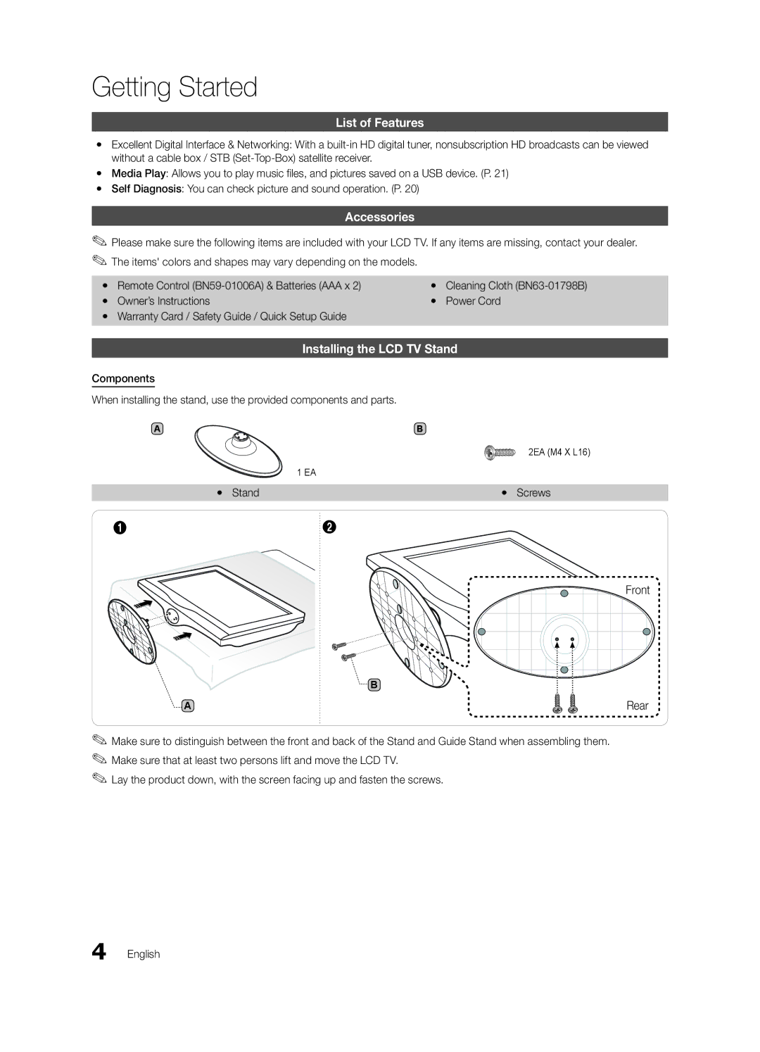 Samsung BN68-02582B-05 Getting Started, List of Features, Accessories, Installing the LCD TV Stand, Yy Stand Yy Screws 