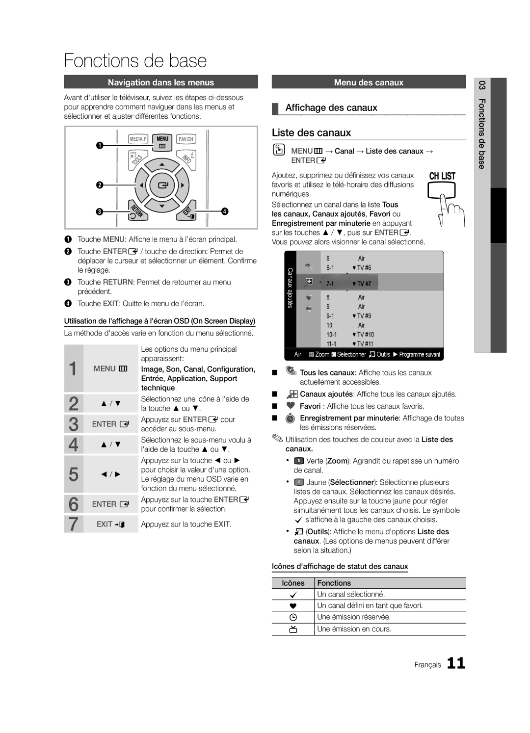 Samsung LC350-ZC Fonctions de base, Liste des canaux, Affichage des canaux, Navigation dans les menus, Menu des canaux 