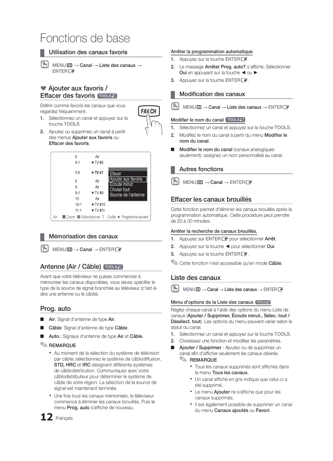 Samsung BN68-02582B-05 Ajouter aux favoris / Effacer des favoris t, Effacer les canaux brouillés, Antenne Air / Câble t 