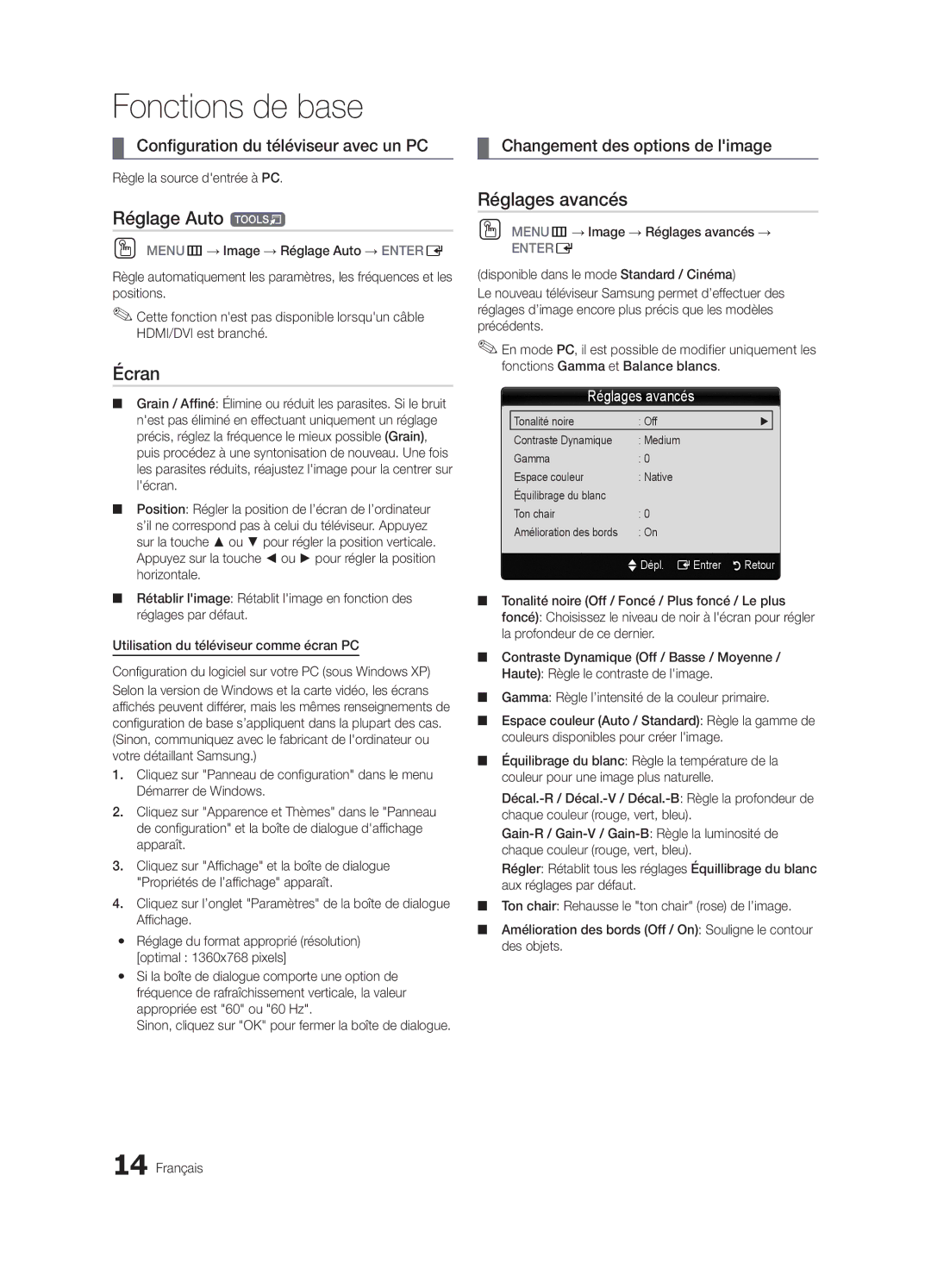 Samsung BN68-02582B-05, LC350-ZC user manual Réglage Auto t, Écran, Réglages avancés, Configuration du téléviseur avec un PC 