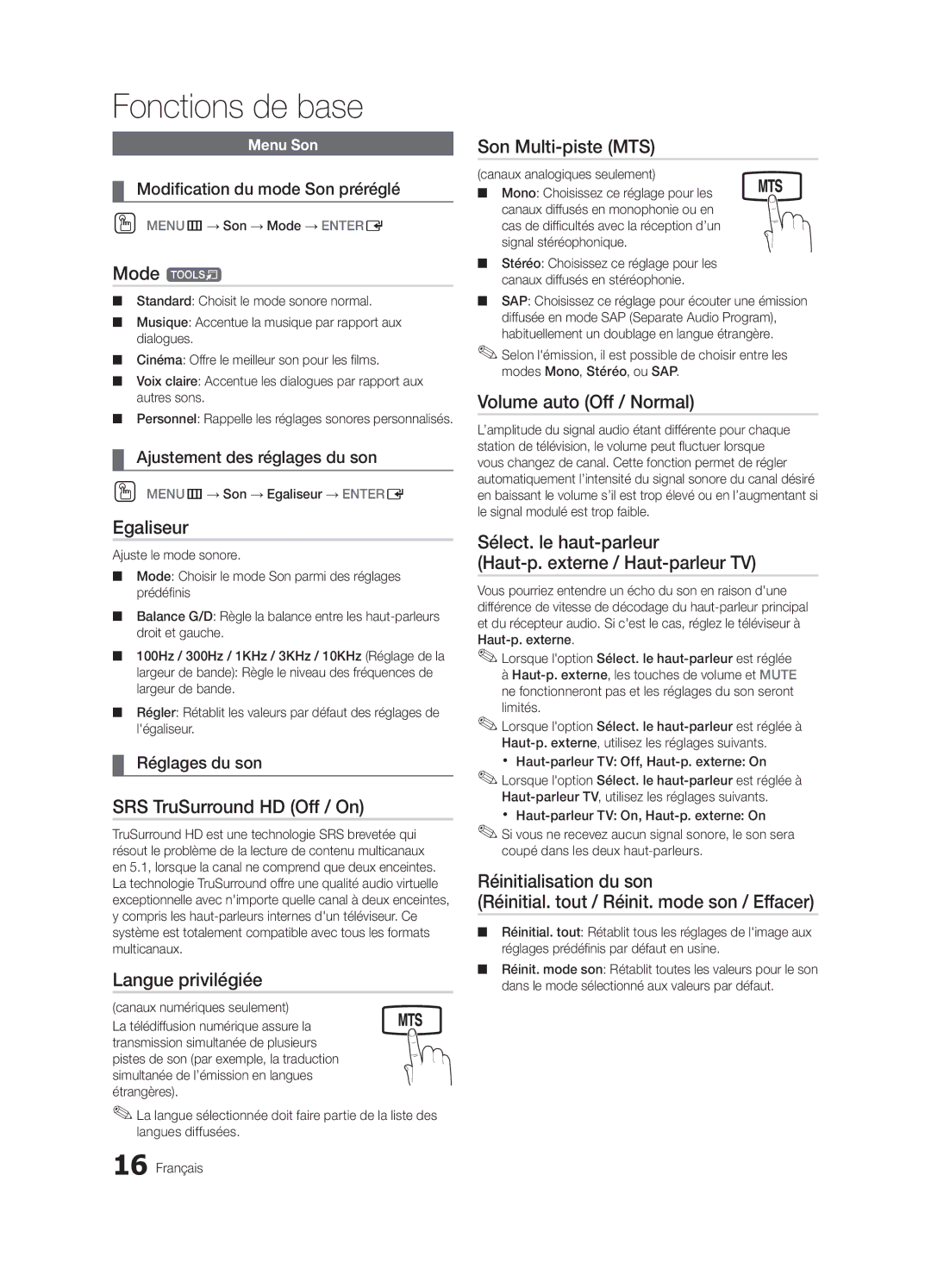 Samsung BN68-02582B-05, LC350-ZC user manual Egaliseur, Langue privilégiée, Son Multi-piste MTS, Volume auto Off / Normal 