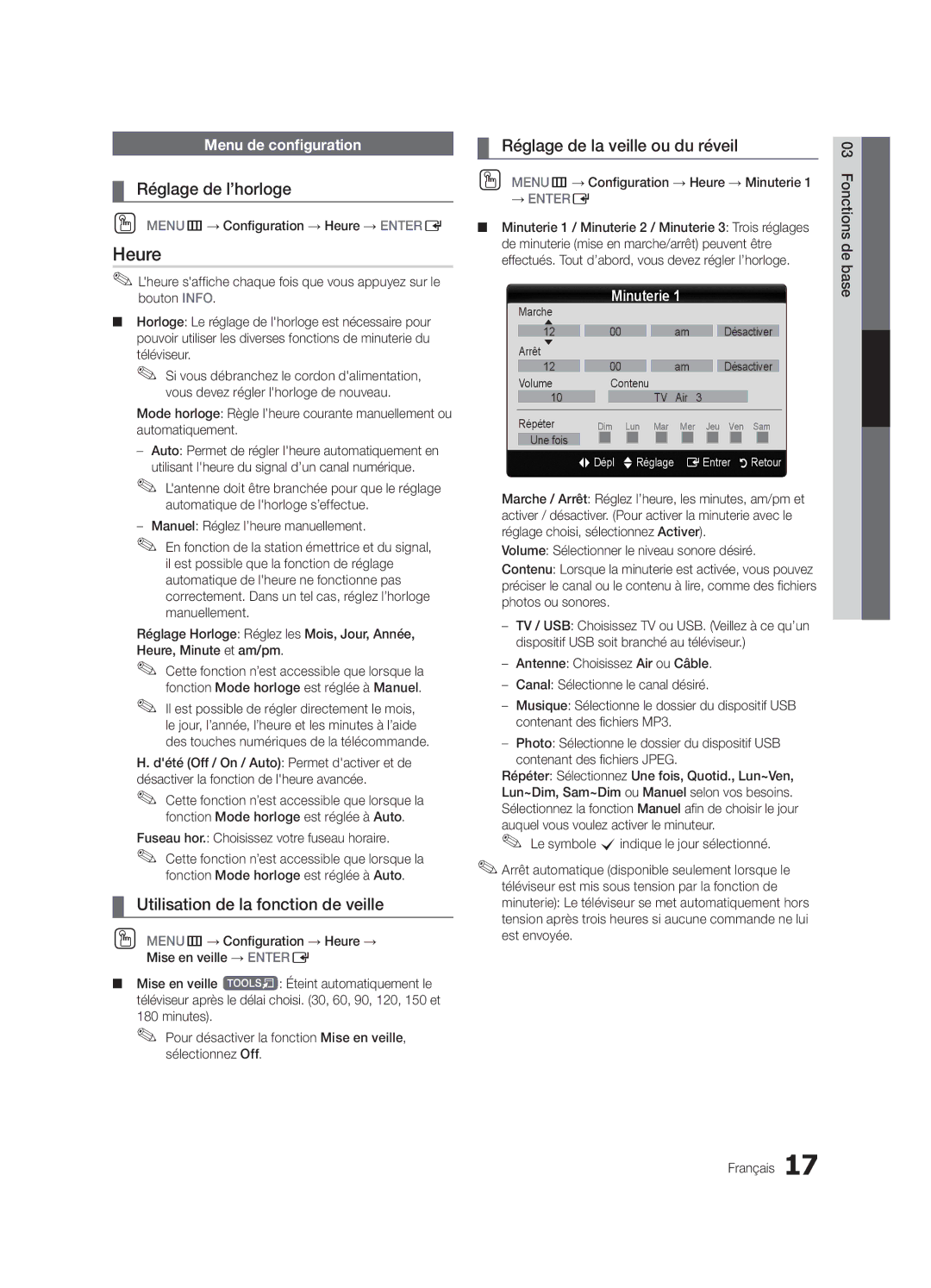 Samsung LC350-ZC Heure, Réglage de l’horloge, Utilisation de la fonction de veille, Réglage de la veille ou du réveil 