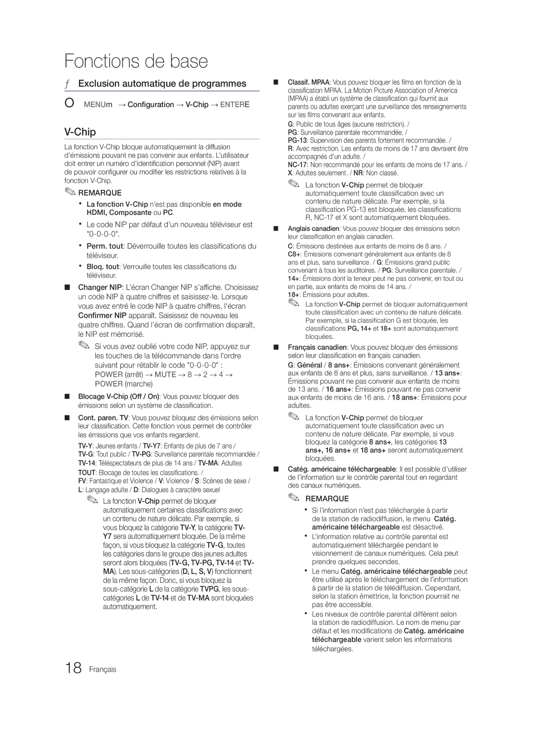 Samsung BN68-02582B-05, LC350-ZC user manual Exclusion automatique de programmes, OO MENUm→ Configuration → V-Chip → Entere 