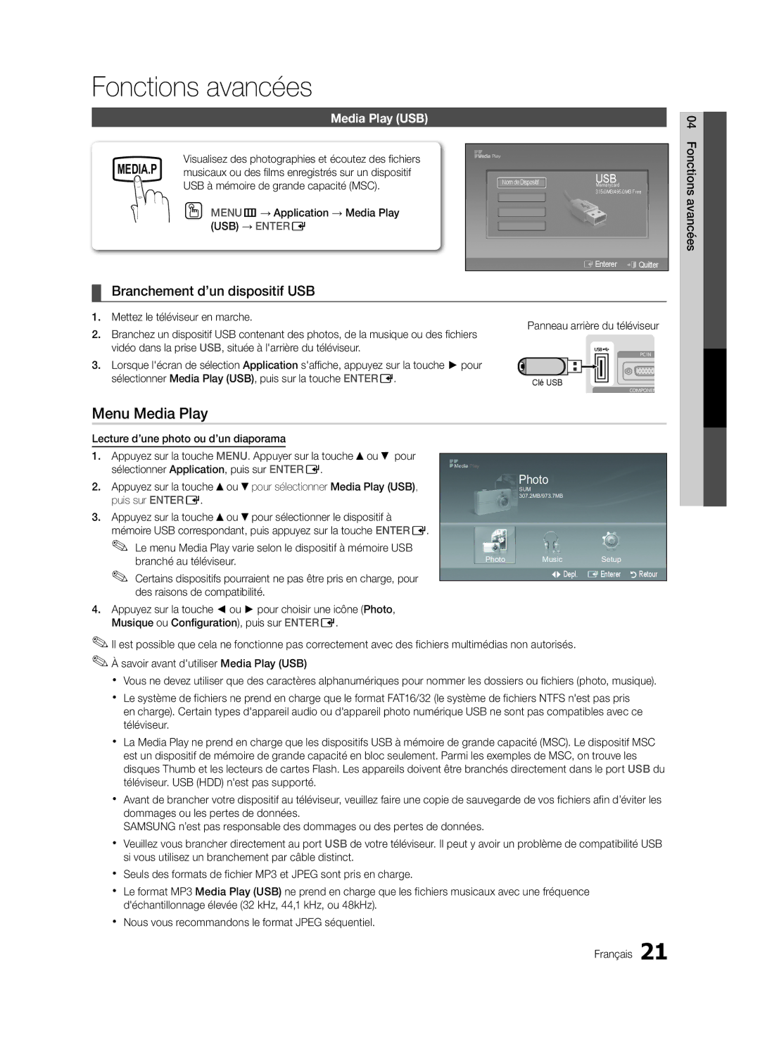 Samsung LC350-ZC, BN68-02582B-05 Fonctions avancées, Menu Media Play, Branchement d’un dispositif USB, Media Play USB 